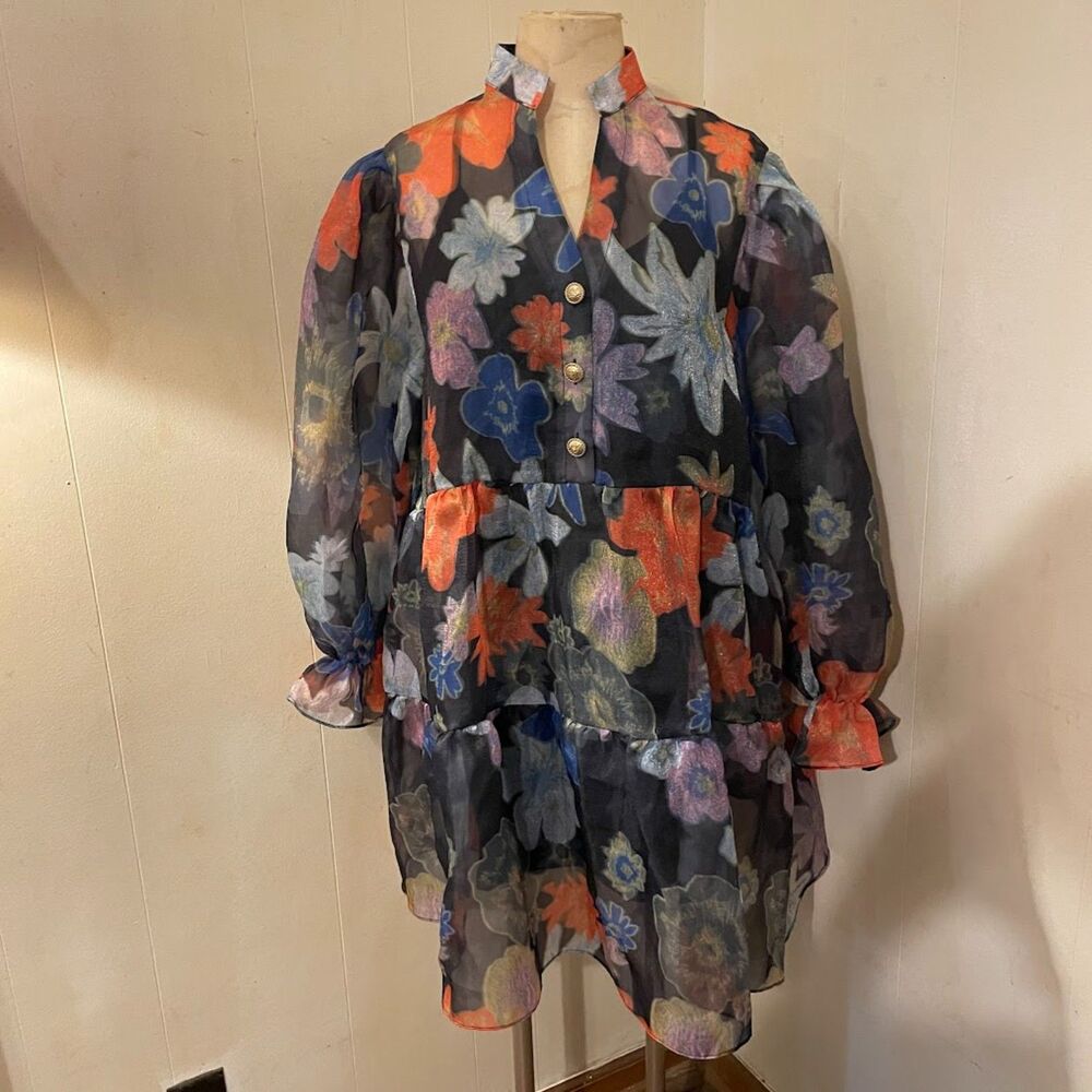 NANCY YANG Floral Sheer Shimmery BABY DOLL DRESS w/Slip 2XL